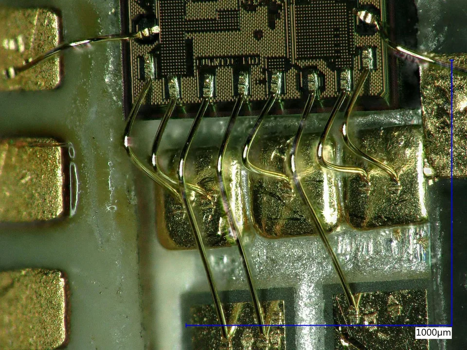 Gold wire bonds connecting a die to a substrate at high magnification