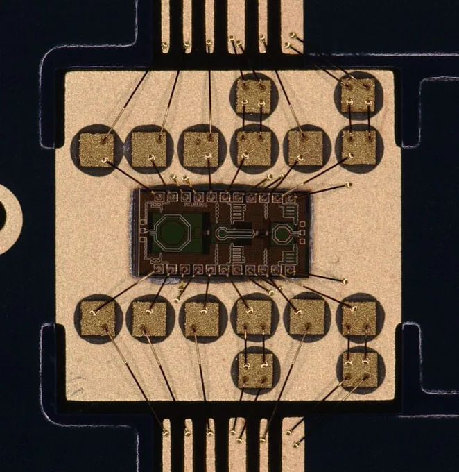 Wire-bonded die in a package under high-magnification inspection