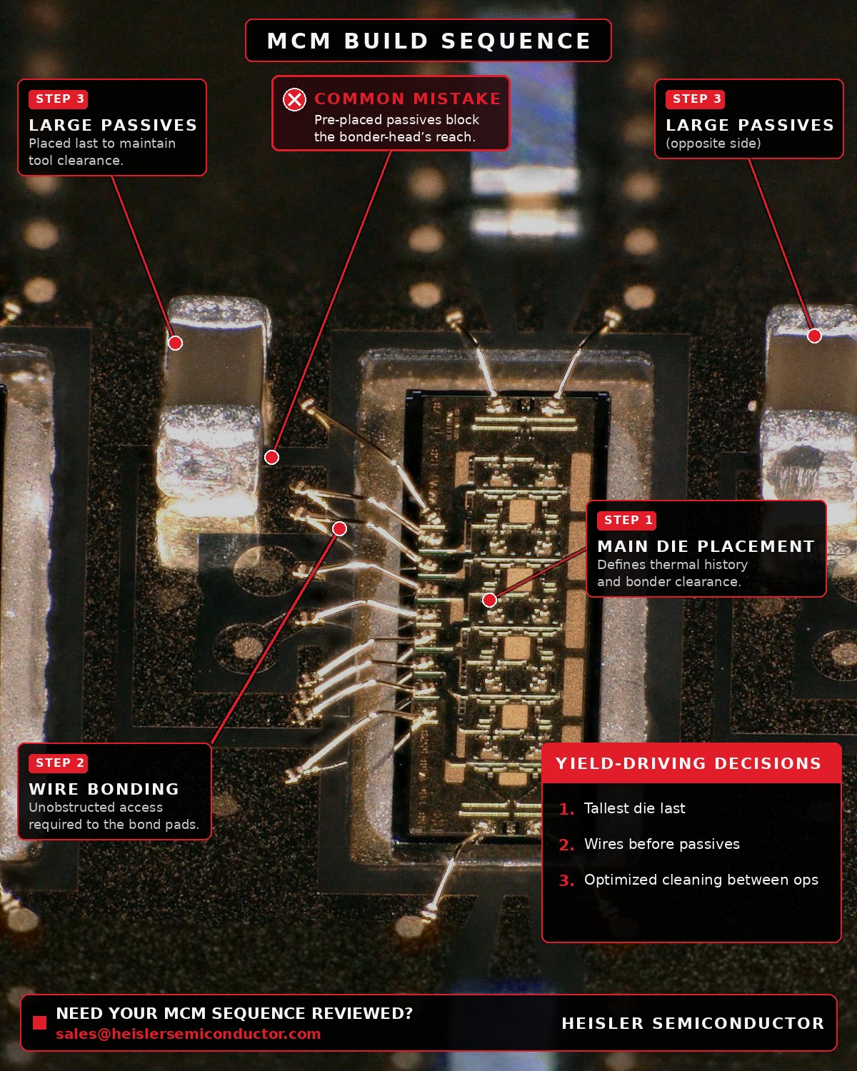Annotated photo of a multi-chip module build calling out the order of operations